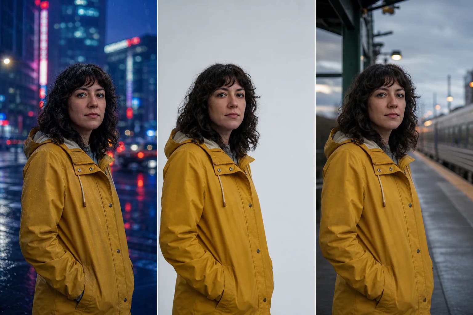 The same person shown for concept exploration, editorial portrait, and reference-consistent scene workflows