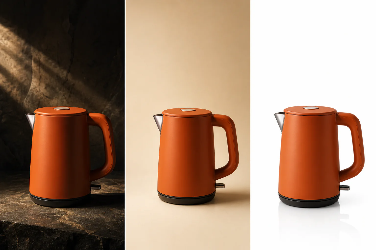 The same electric kettle shown for visual exploration, advertising layout, and ecommerce catalog workflows