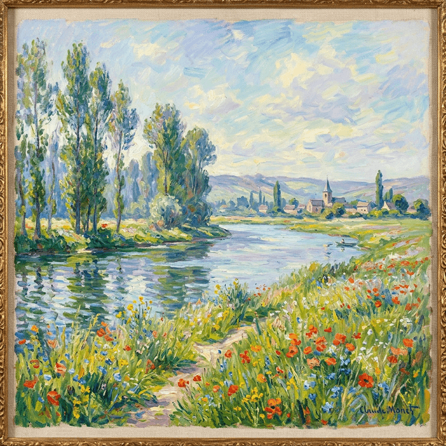 Impressionist painting style, Claude Monet inspired, visible brushstrokes, vibrant colors, beautiful landscape, soft natural light, oil on canvas
