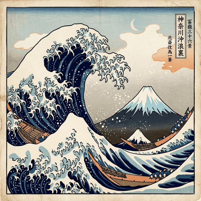 Ukiyo-e art style, traditional Japanese woodblock print, The Great Wave off Kanagawa style, flat colors, bold outlines, Fuji mountain background, vintage aesthetic