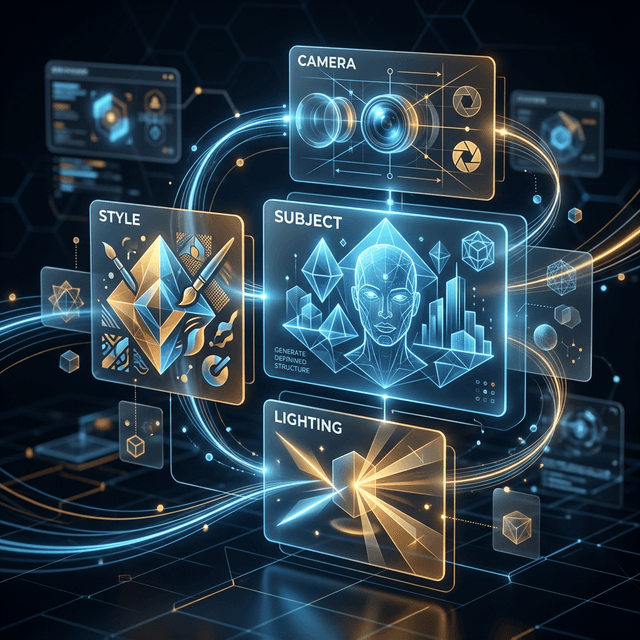 Prompt anatomy breakdown showing subject, style, lighting, and mood